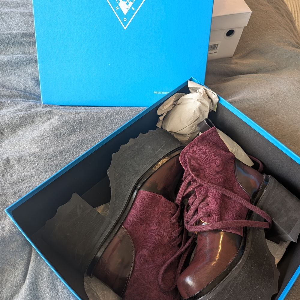 John Fluevog Women's Lace-Up Platform Boots in Burgundy and Black - Picture 2 of 5